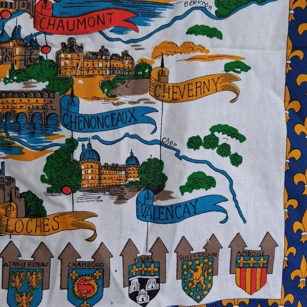 Vintage France Chateaux de la Loire in Touraine Cotton Tea Towel Tour Map